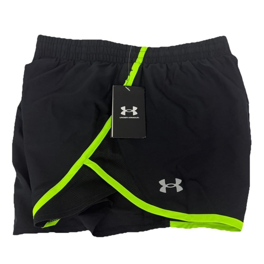 Under Armour Women's Fly by Shorts, Black/Hyper Green/Reflective Size M New